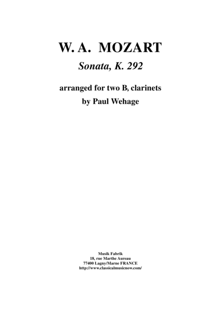 Wolfgang Amadeus Mozart Sonata In Bb K 292 For Two Bb Clarinets Sheet Music