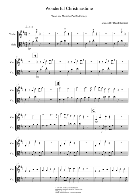 Free Sheet Music Wonderful Christmastime For Violin And Viola Duet