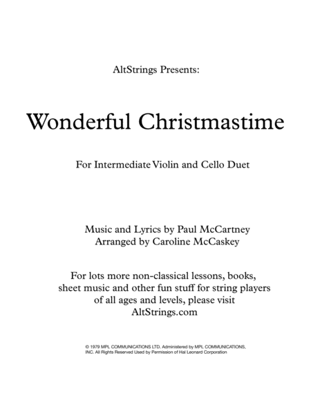 Wonderful Christmastime Intermediate Violin And Cello Duet Sheet Music