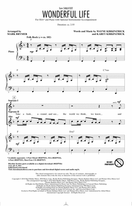 Free Sheet Music Wonderful Life From Smallfoot Arr Mark Brymer