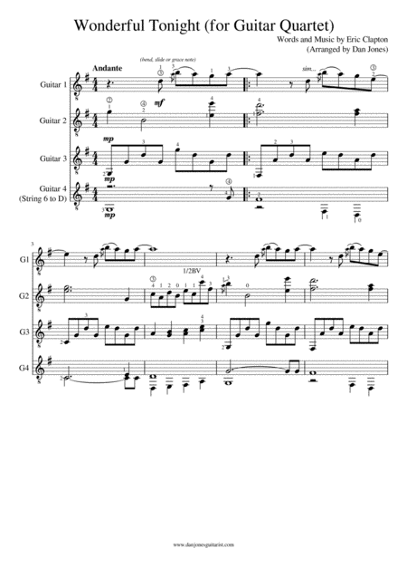 Wonderful Tonight Arranged For Guitar Quartet Sheet Music