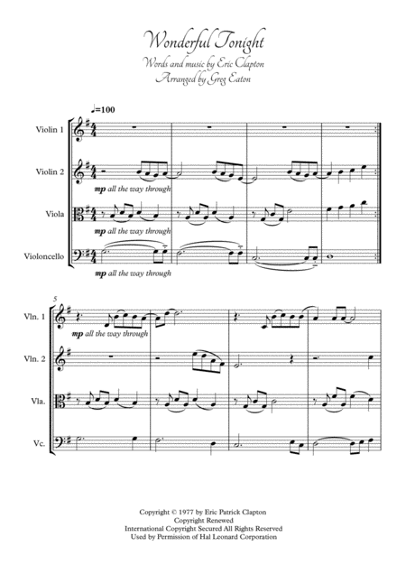 Wonderful Tonight Arranged For String Quartet By Greg Eaton Score And Parts Perfect For Gigging Quartets Sheet Music