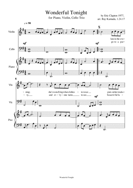 Free Sheet Music Wonderful Tonight For Piano Violin Cello Trio