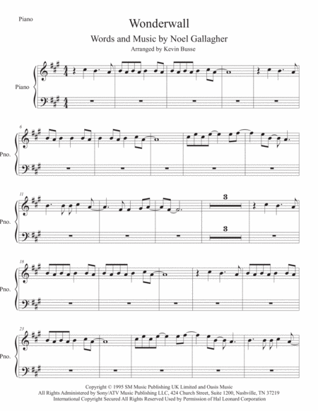 Wonderwall Original Key Piano Sheet Music