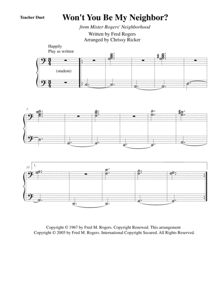 Wont You Be My Neighbor Its A Beautiful Day In The Neighborhood Beginner Piano With Teacher Duet Sheet Music