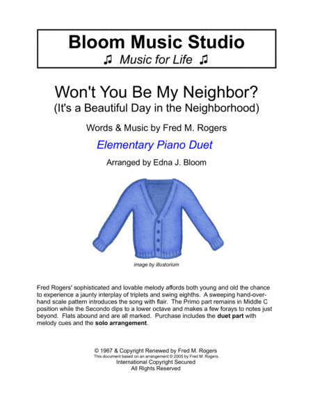 Free Sheet Music Wont You Be My Neighbor Its A Beautiful Day In The Neighborhood Elementary Piano Duet