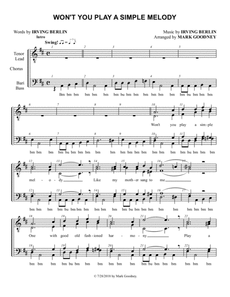 Wont You Play A Simple Melody Barbershop Chorus Quartet Ttbb Choir Quartet Sheet Music