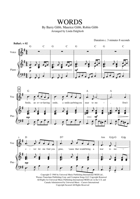 Free Sheet Music Words Piano Vocal The Bee Gees Version