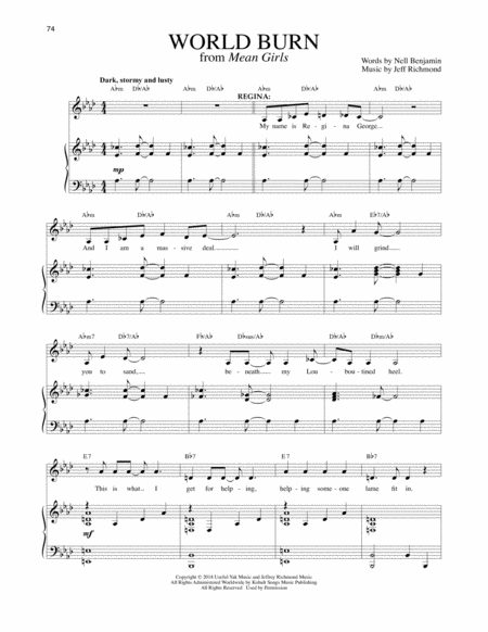 Free Sheet Music World Burn Solo Version From Mean Girls The Broadway Musical