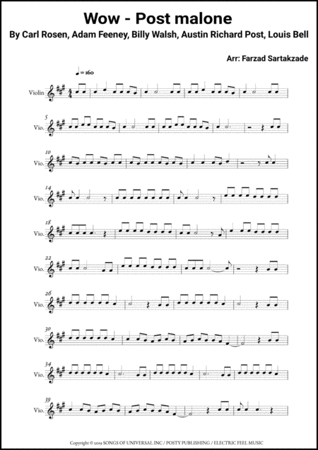 Wow By Post Malone For Solo Instrument Violin Melodica Sheet Music