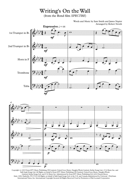 Writings On The Wall From Spectre For Brass Quintet Sheet Music