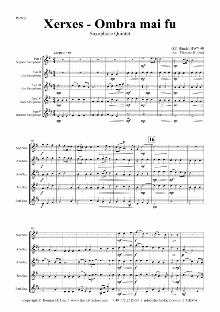 Xerxes Largo Ombra Mai Fu Saxophone Quintet Sheet Music