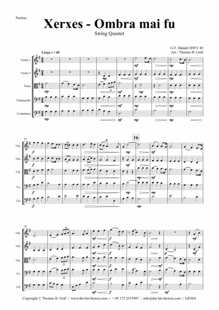 Xerxes Largo Ombra Mai Fu String Quintet Sheet Music