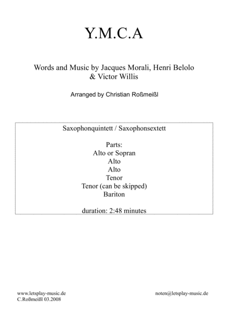 Free Sheet Music Y M C A For Saxophonensemble