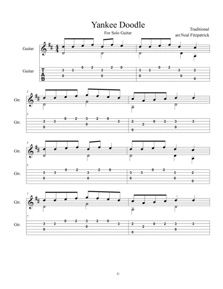 Free Sheet Music Yankee Doodle For Solo Guitar