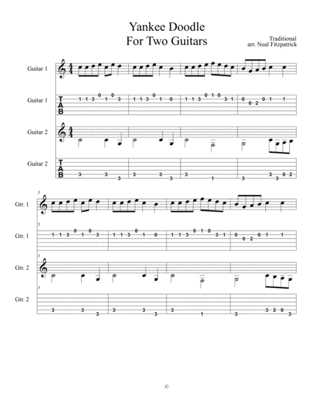 Yankee Doodle For Two Guitars Tablature Edition Sheet Music