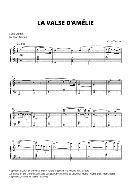 Free Sheet Music Yann Tiersen La Valse D Amlie Original Version For Piano