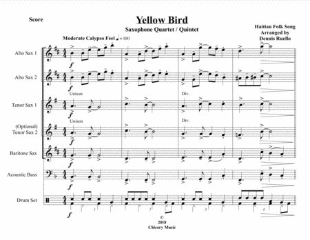 Yellow Bird Saxophone Quartet Quintet Sheet Music