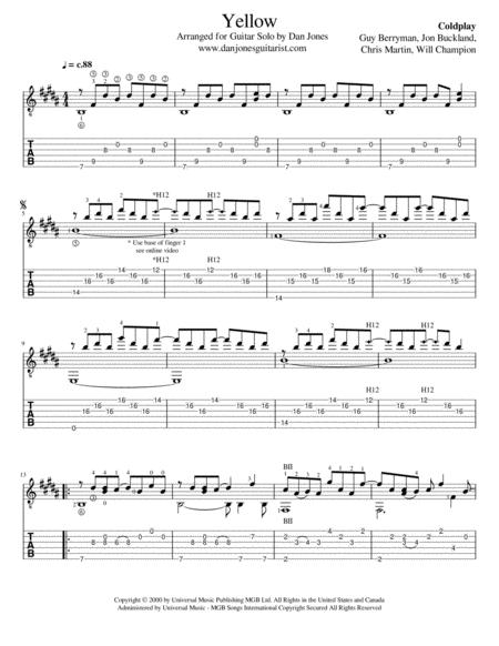 Free Sheet Music Yellow By Coldplay For Solo Fingerstyle Guitar