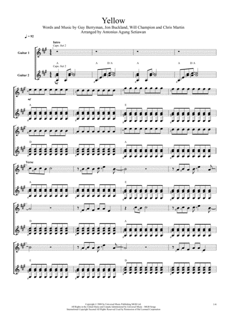 Free Sheet Music Yellow Duet Guitar Score