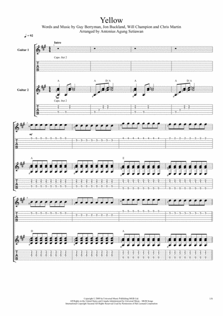 Yellow Duet Guitar Tablature Sheet Music