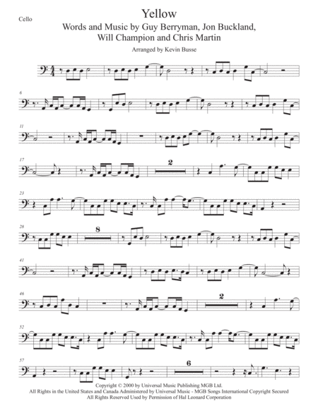 Free Sheet Music Yellow Easy Key Of C Cello