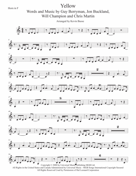 Free Sheet Music Yellow Easy Key Of C Horn In F