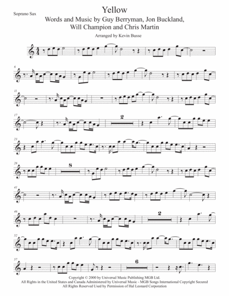 Free Sheet Music Yellow Easy Key Of C Soprano Sax