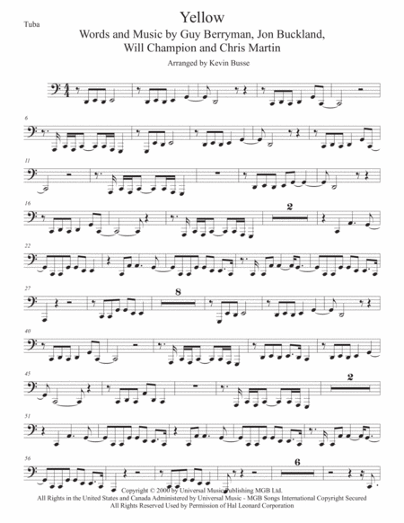 Free Sheet Music Yellow Easy Key Of C Tuba