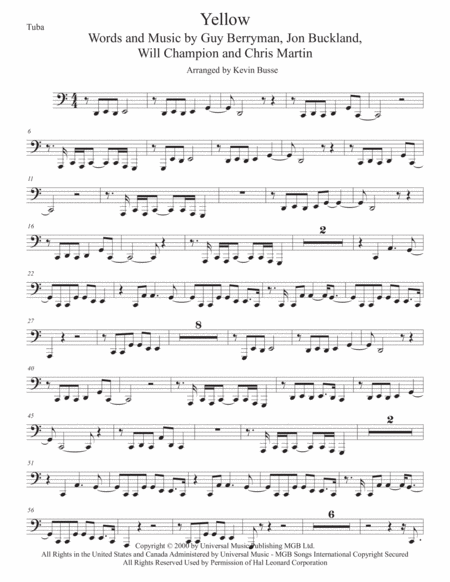 Yellow Easy Key Of C Tuba Sheet Music