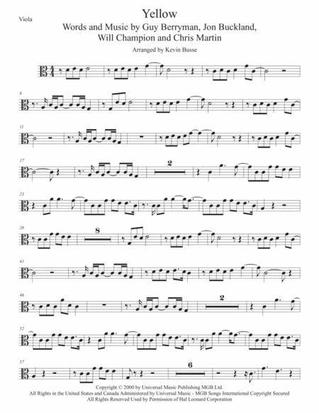 Yellow Easy Key Of C Viola Sheet Music