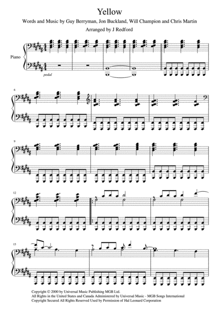 Free Sheet Music Yellow Piano Solo Original Key