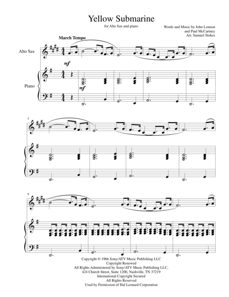 Free Sheet Music Yellow Submarine For Alto Sax With Piano