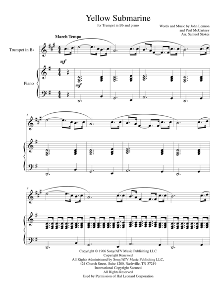 Free Sheet Music Yellow Submarine For Bb Trumpet With Piano