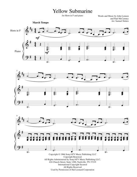 Free Sheet Music Yellow Submarine For French Horn With Piano