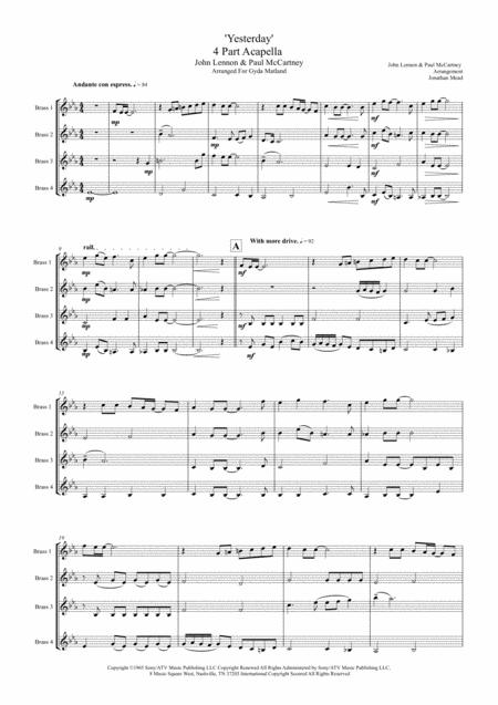 Yesterday Beatles Acapella Arrangement For 4 Brass Instruments 4 Trumpets Sheet Music