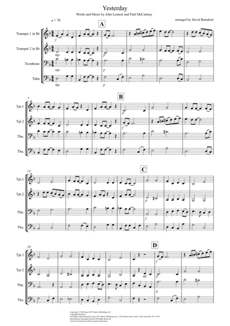 Free Sheet Music Yesterday For Brass Quartet