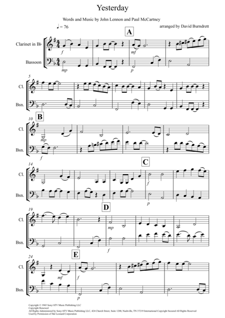 Free Sheet Music Yesterday For Clarinet And Bassoon Duet