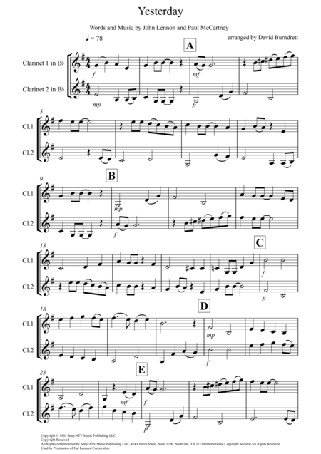 Yesterday For Clarinet Duet Sheet Music