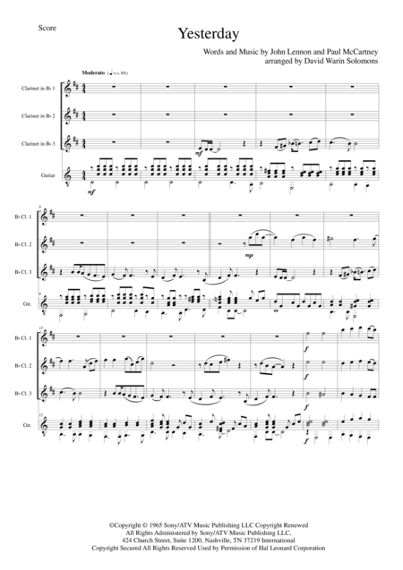 Free Sheet Music Yesterday For Clarinet Trio And Guitar