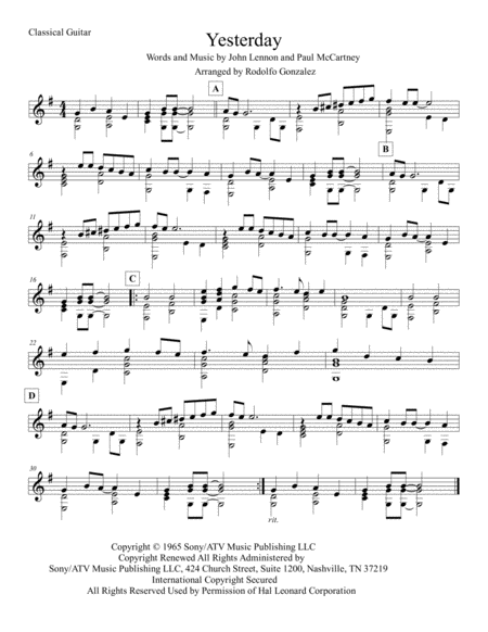 Free Sheet Music Yesterday For Classical Guitar