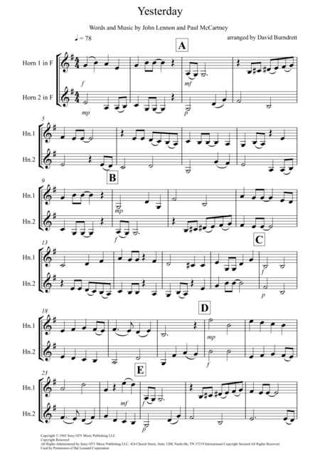 Yesterday For French Horn Duet Sheet Music