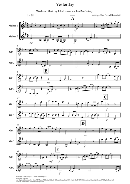 Yesterday For Guitar Duet Sheet Music