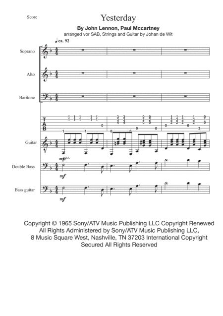 Free Sheet Music Yesterday For Sab Strings And Guitar