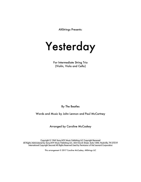 Free Sheet Music Yesterday For String Trio Violin Viola And Cello
