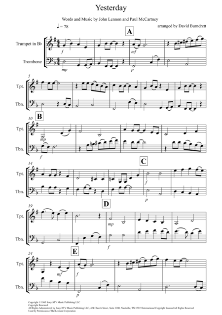 Yesterday For Trumpet And Trombone Duet Sheet Music