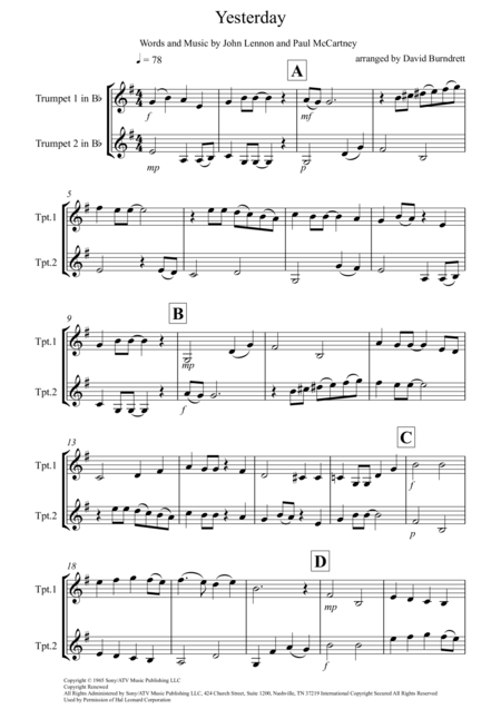 Free Sheet Music Yesterday For Trumpet Duet