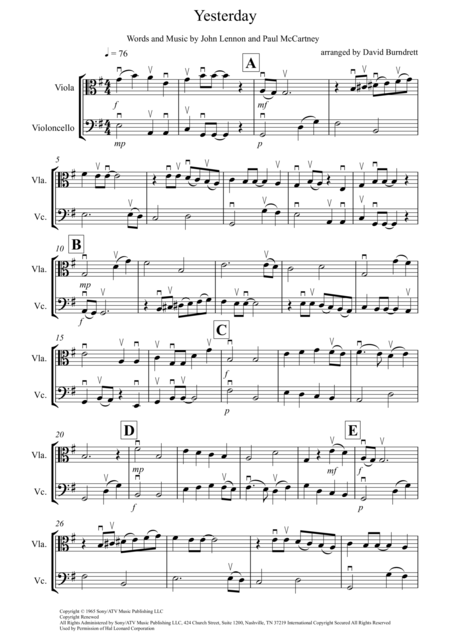 Free Sheet Music Yesterday For Viola And Cello Duet