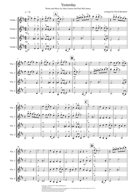 Yesterday For Violin Quartet Sheet Music