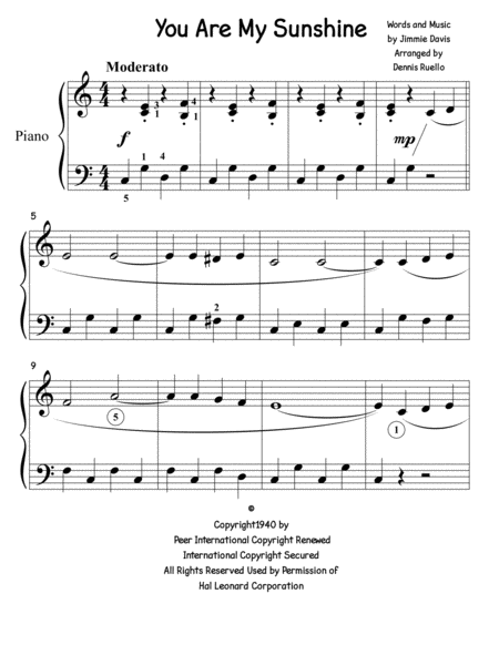 You Are My Sunshine By Jimmie Davis Easy Piano Solo Big Note Sheet Music